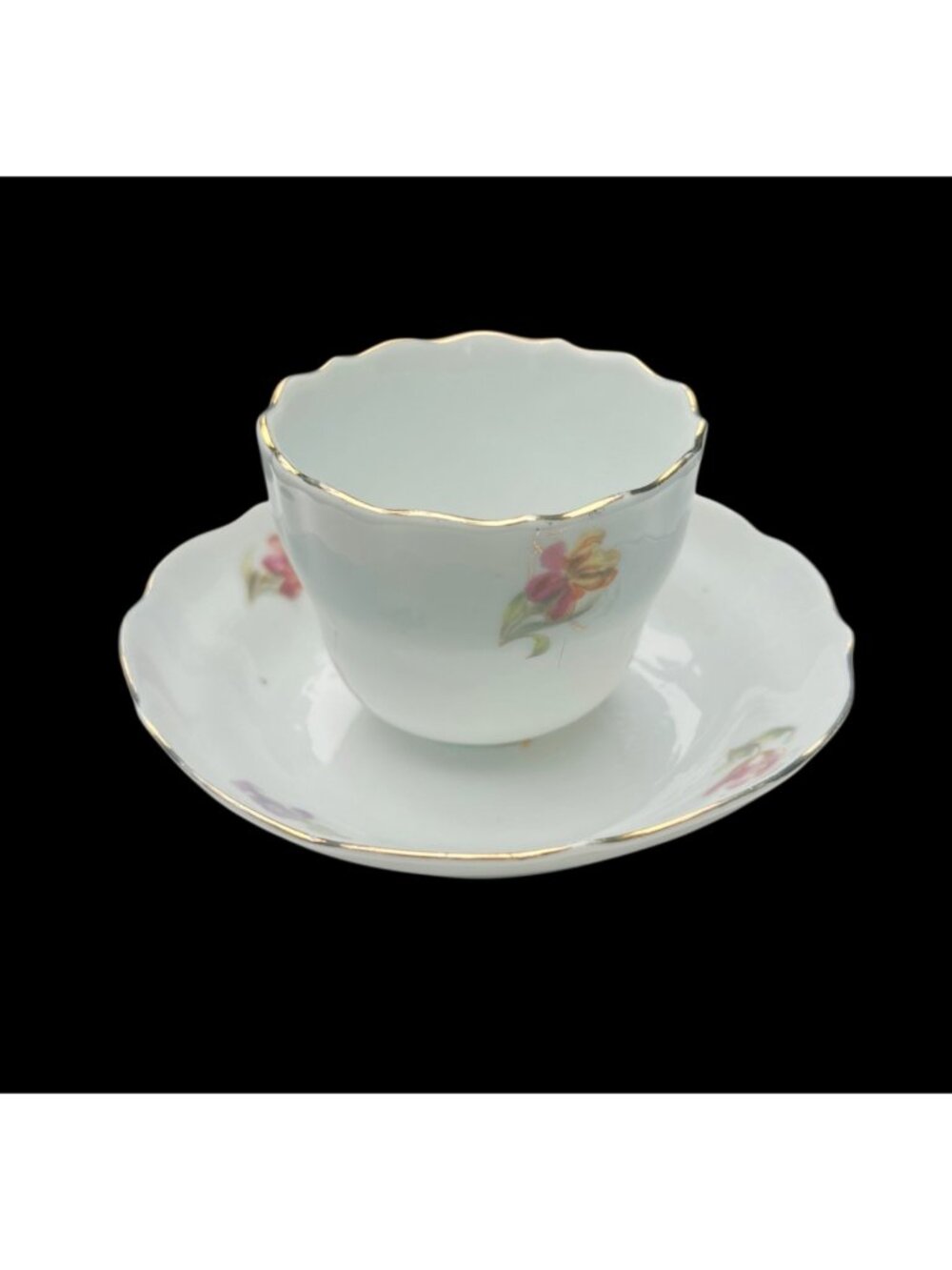 Vintage White Porcelain Tea Cup & Saucer With Gold Trim & Floral Design